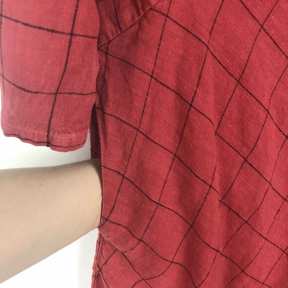 Lisa Bayne Dress Sz XS Lagenlook Oversize Fit Red Grid Print Long Sleeve Pockets - Picture 4 of 6